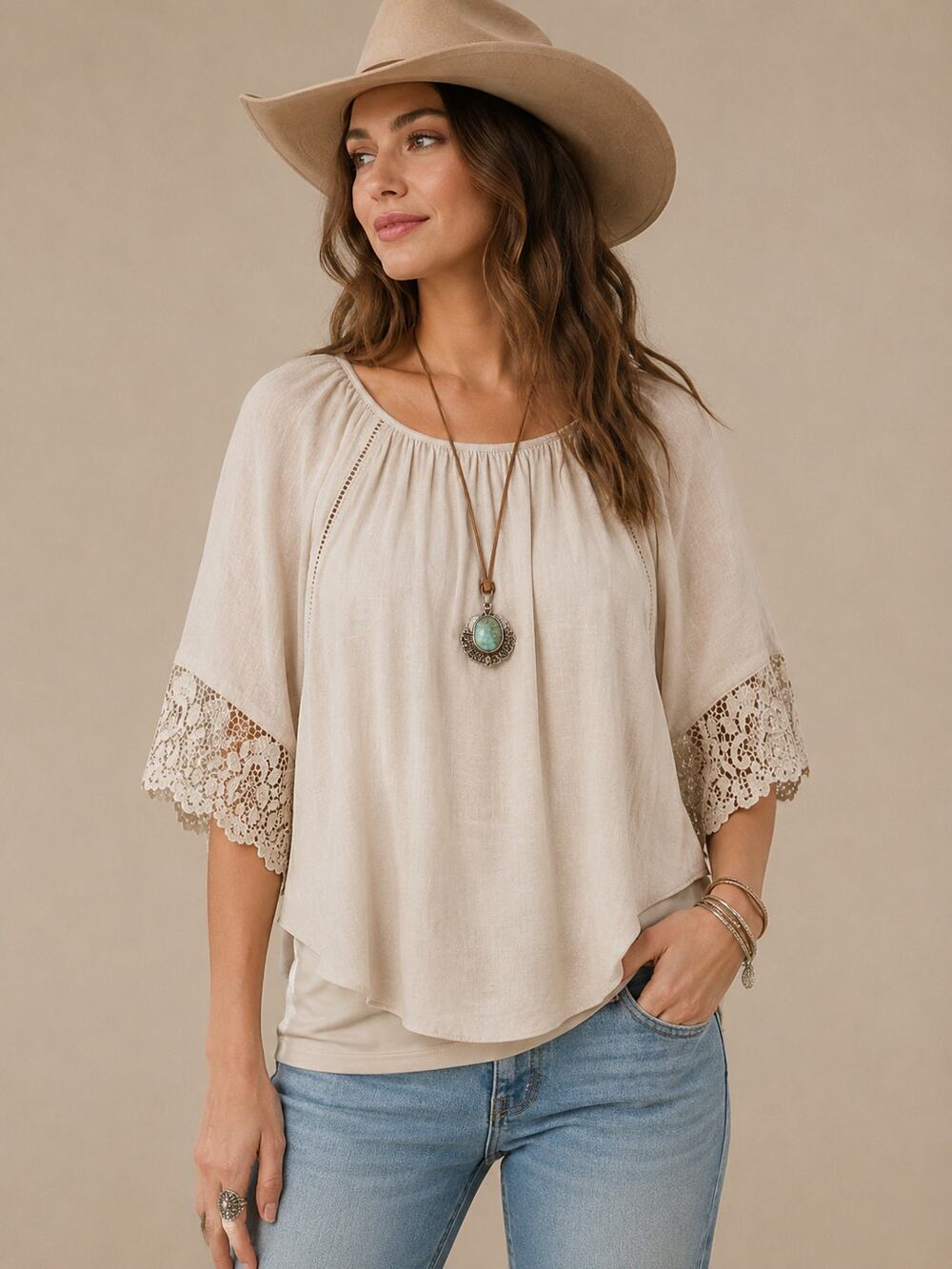 Boho Blouse Beige Flowy Open Sleeve Lace Trim Peasant Top Large